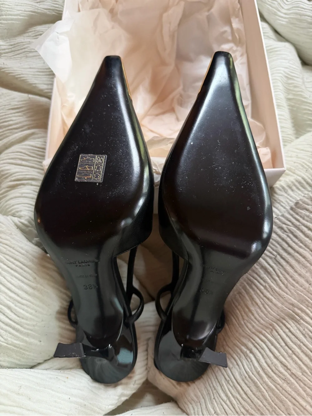 Saint Laurent Black Leather Slingback Flats with Gold Toe Cap - Picture 3 of 6